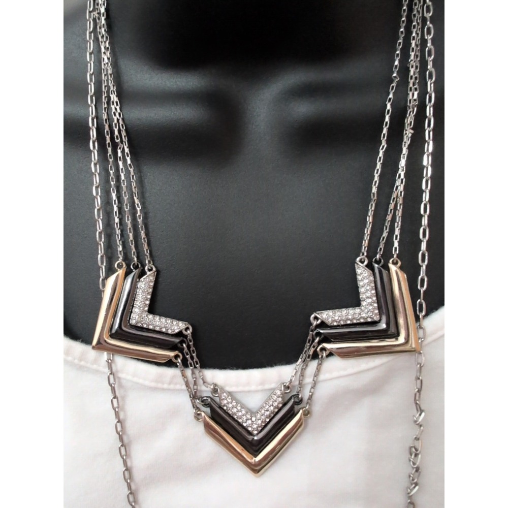 White House Black Market Chevron Necklace Lot Of 2 Silver Black Crystal - Picture 2 of 6